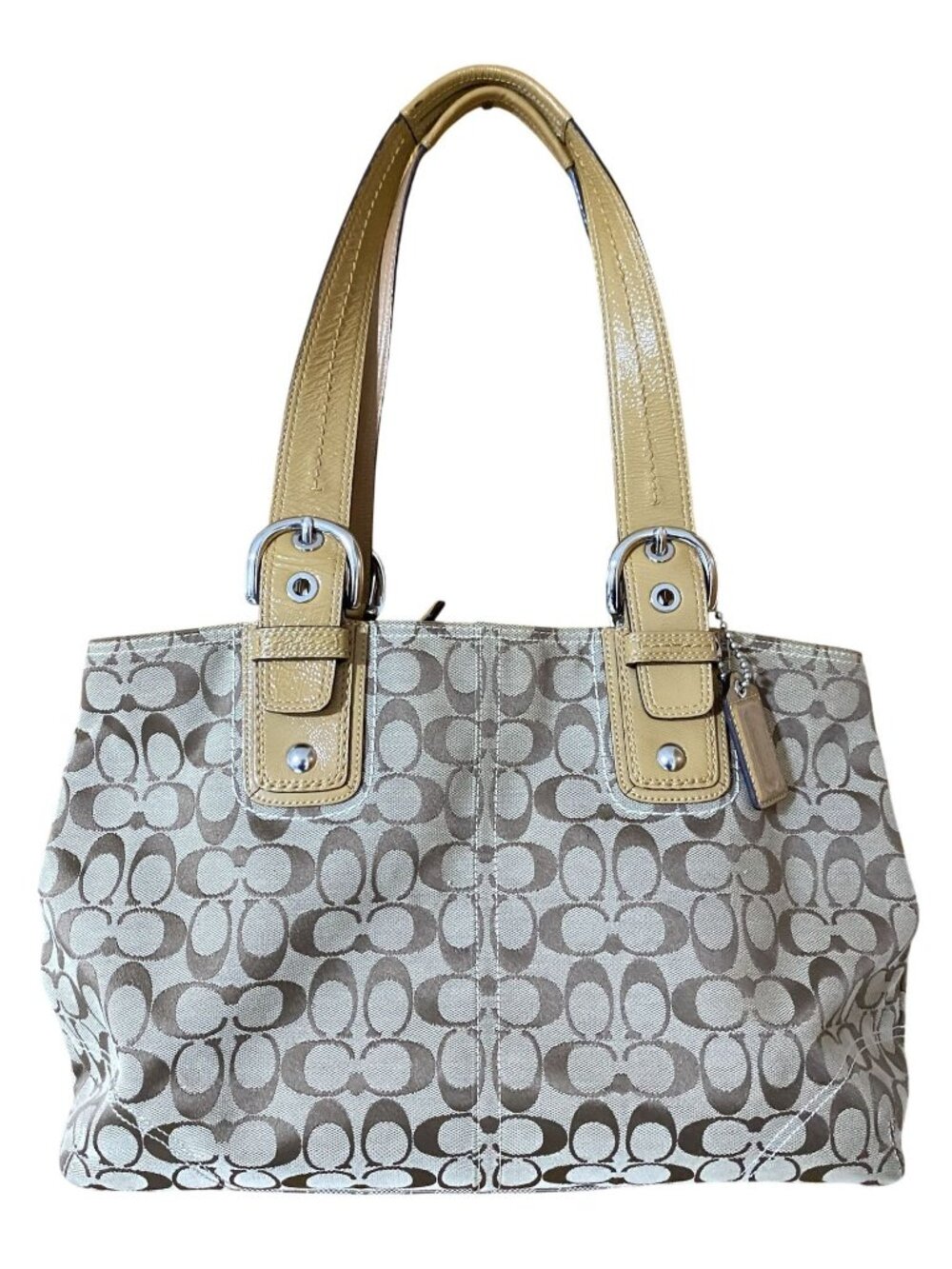 Coach F13118 Soho Signature Jacquard Tote Khaki Tan Leather Y2K Shoulder Bag